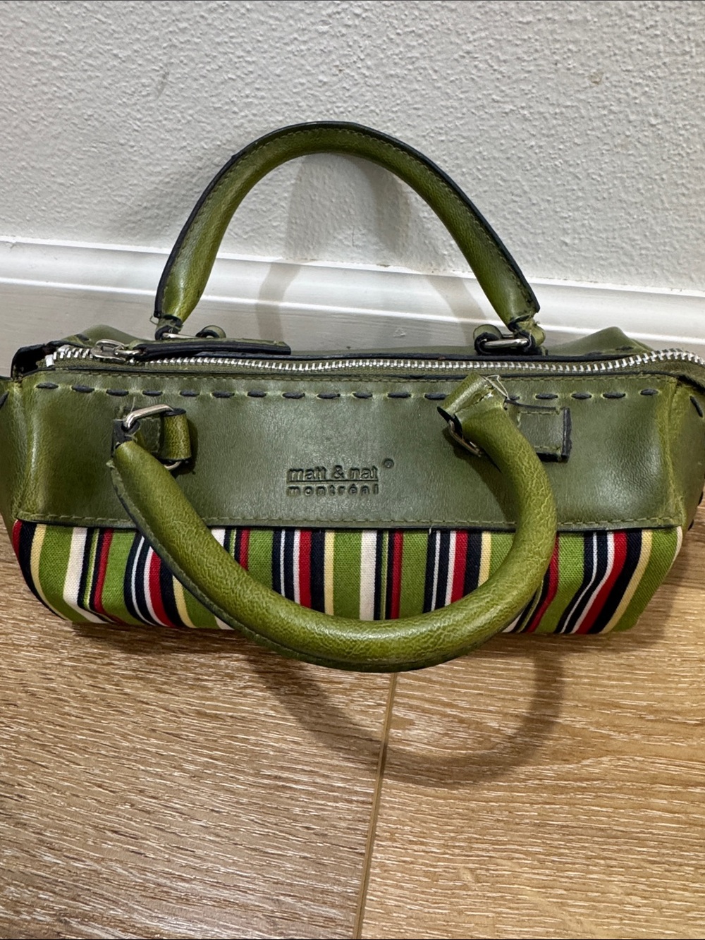 Matt & Nat Olive Green Mini Top-Handle Bag with Multicolor Stripes